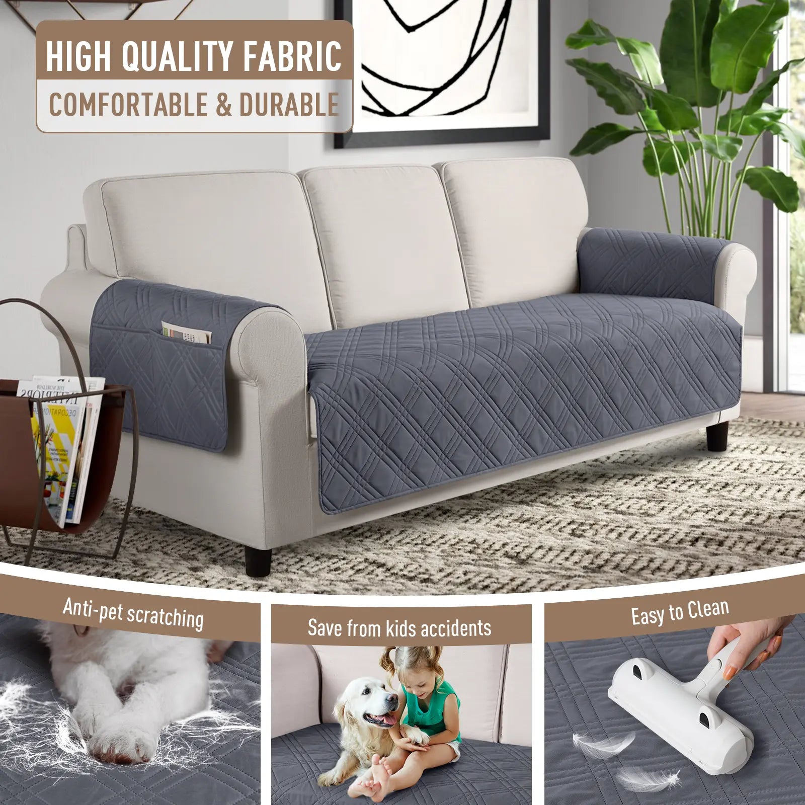 TAOCOCO Waterproof Pet Couch Cover with Non-Slip Backing, Washable Sofa Protector and Slipcover for 3-Cushion Sofas with Side Pocket