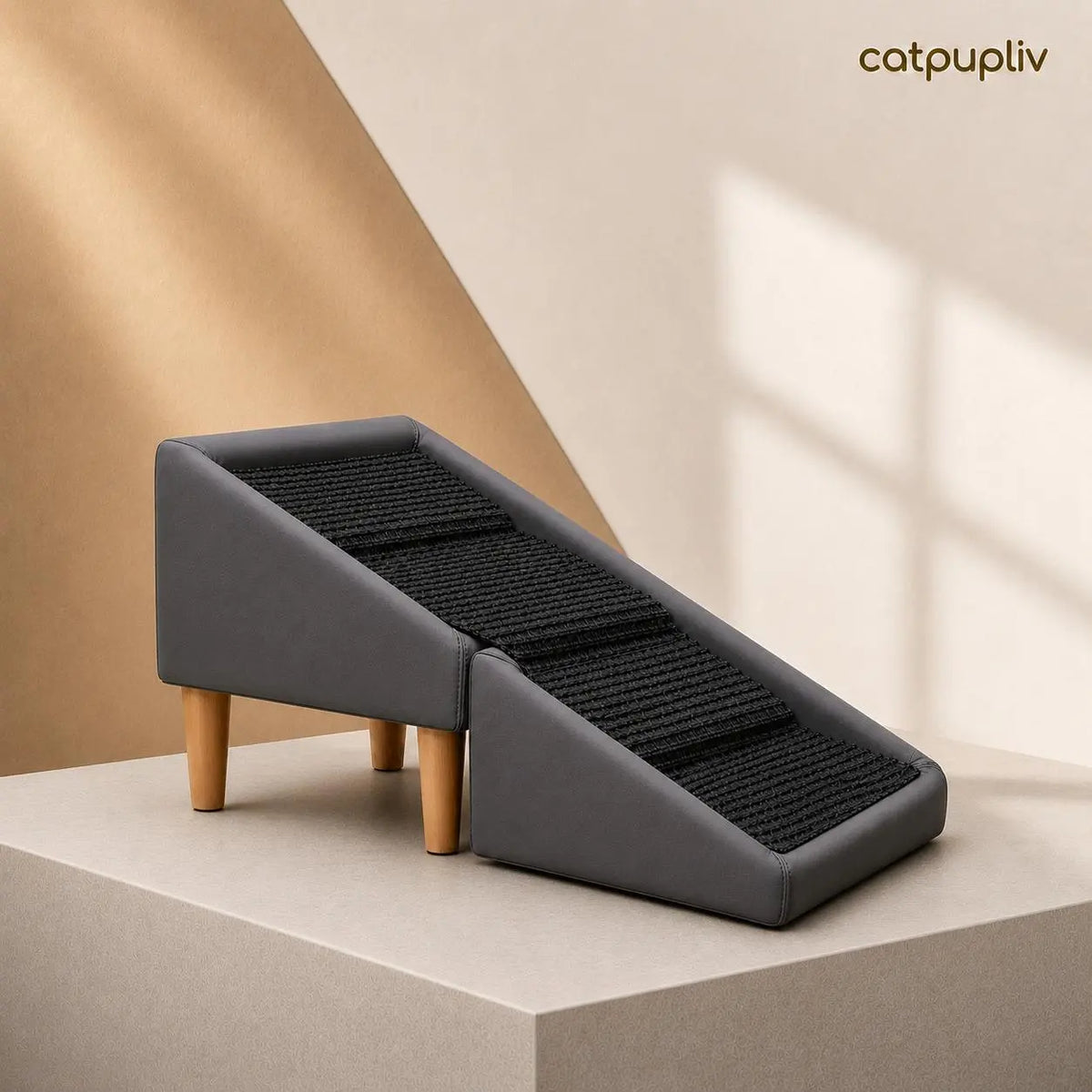 Wood and Leather Folding Dog Safety Ramp and Ottoman - Durable Non-Slip Design for Injury Prevention, Ideal for Senior and Injured Dogs, Perfect for Poodles