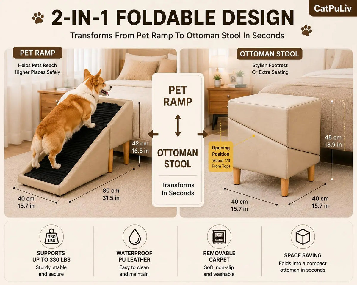 Wood and Leather Folding Dog Safety Ramp and Ottoman - Durable Non-Slip Design for Injury Prevention, Ideal for Senior and Injured Dogs, Perfect for Poodles