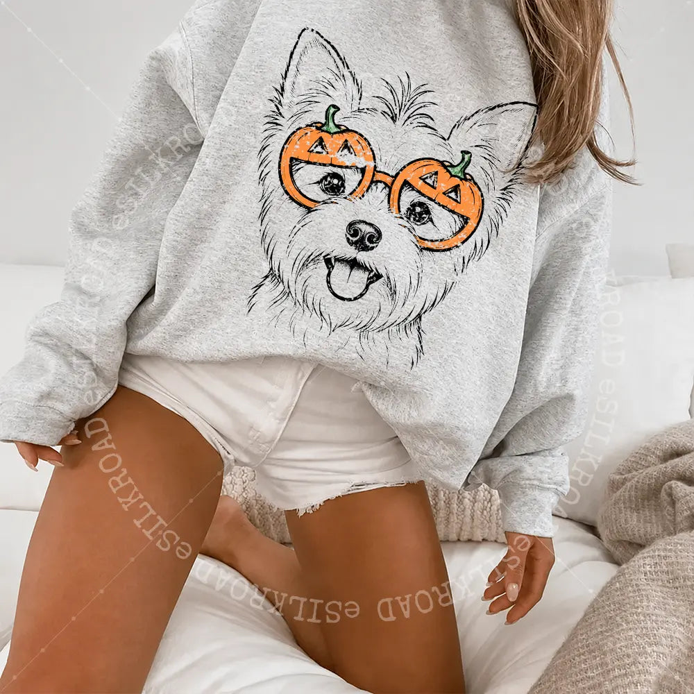 Customizable Halloween Sweatshirt Featuring 50+ Dog Breeds, Humorous Spooky Puppy Graphic Tee, Trick-or-Treat Dog Lover T-Shirt, Unisex Design in Ash Grey - AL