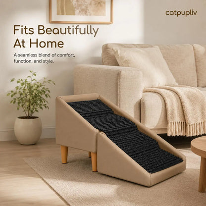 Wood and Leather Folding Dog Safety Ramp and Ottoman - Durable Non-Slip Design for Injury Prevention, Ideal for Senior and Injured Dogs, Perfect for Poodles