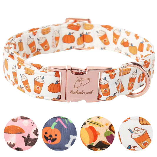Fall Pumpkin Latte Themed Adjustable Heavy-Duty Small Dog Collar with Metal Buckle, XS Size