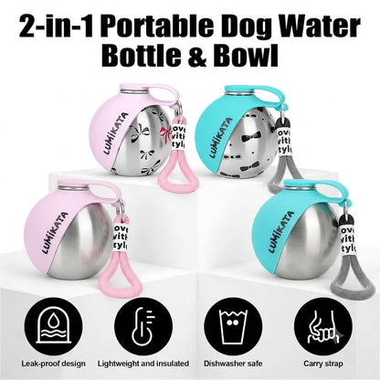 Lumikata 2-in-1 Portable Dog Water Bottle and Bowl, 10oz Stainless Steel Leak-Proof Tumbler for Dogs, Ideal for Walks and Travel
