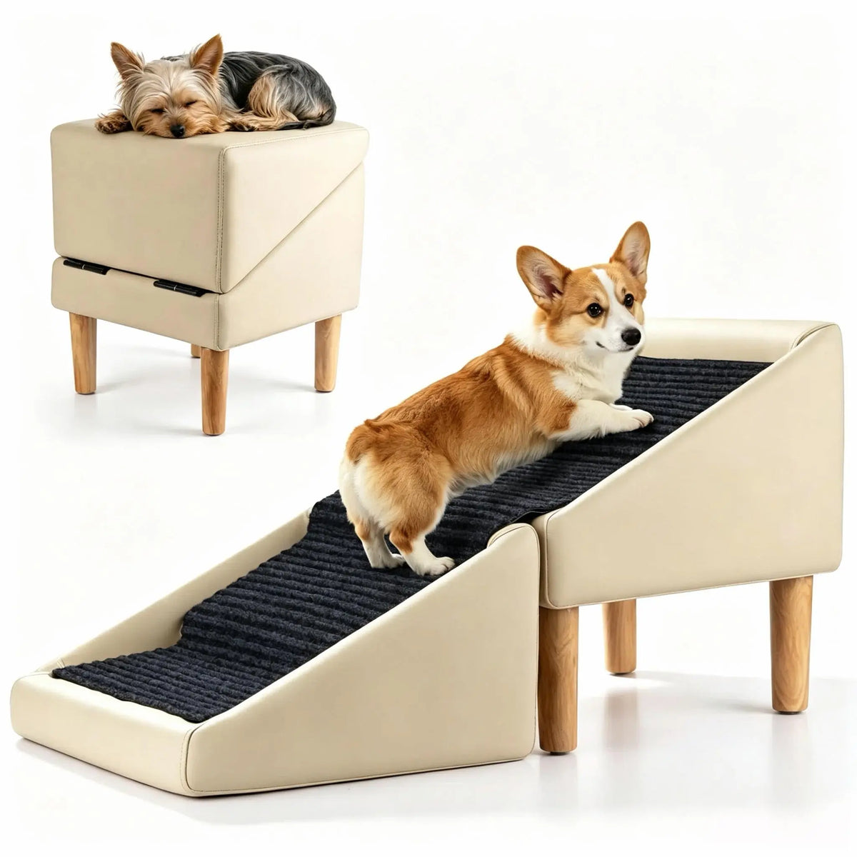 Wood and Leather Folding Dog Safety Ramp and Ottoman - Durable Non-Slip Design for Injury Prevention, Ideal for Senior and Injured Dogs, Perfect for Poodles
