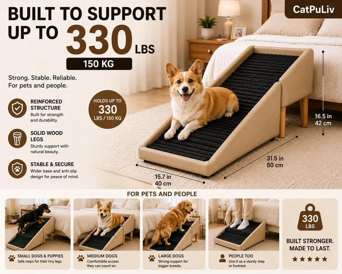 Wood and Leather Folding Dog Safety Ramp and Ottoman - Durable Non-Slip Design for Injury Prevention, Ideal for Senior and Injured Dogs, Perfect for Poodles