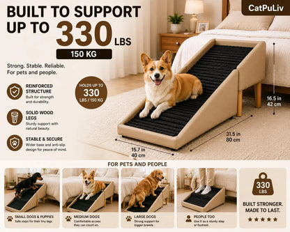 Wood and Leather Folding Dog Safety Ramp and Ottoman - Durable Non-Slip Design for Injury Prevention, Ideal for Senior and Injured Dogs, Perfect for Poodles