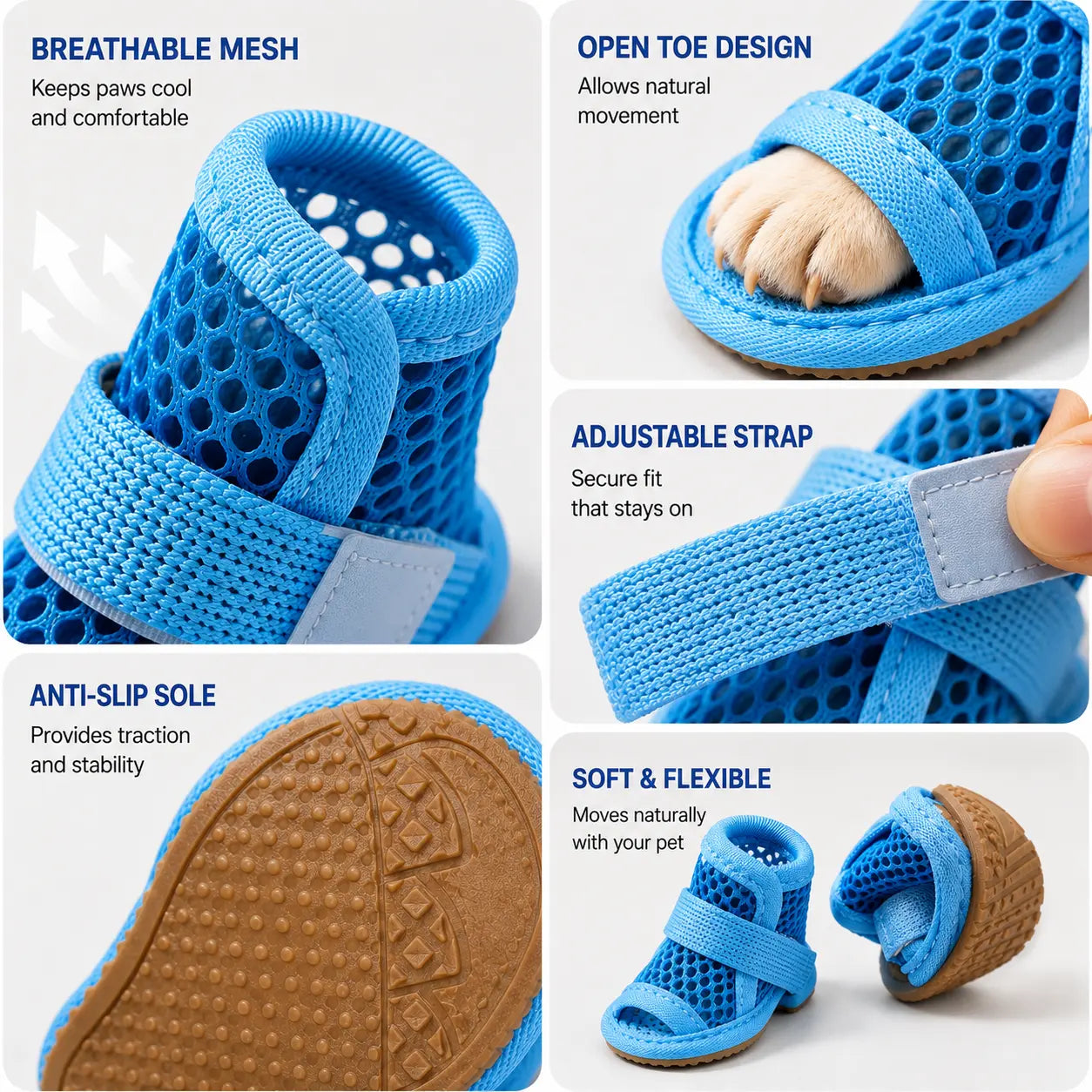 Breathable Mesh Dog Shoes - Set of 4, Anti-Slip Adjustable Strap Lightweight Paw Protectors for Summer Outdoor Activities