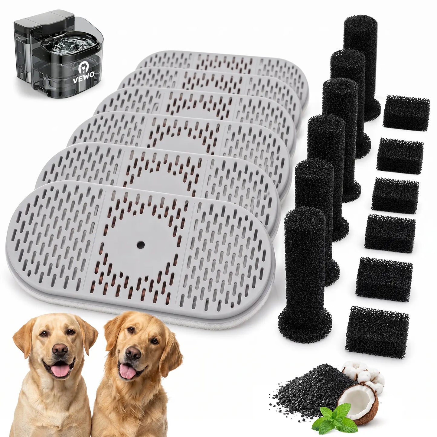 VEWO 6-Pack Replacement Filters for 11L Dog Water Fountain - Activated Carbon Filters with Filter and Pump Sponges, Compatible with VEWO Large Dog Water Fountain