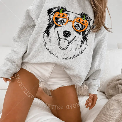 Customizable Halloween Sweatshirt Featuring 50+ Dog Breeds, Humorous Spooky Puppy Graphic Tee, Trick-or-Treat Dog Lover T-Shirt, Unisex Design in Ash Grey - AL