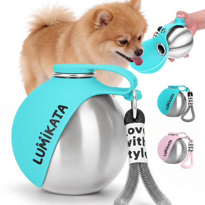 Lumikata 2-in-1 Portable Dog Water Bottle and Bowl, 10oz Stainless Steel Leak-Proof Tumbler for Dogs, Ideal for Walks and Travel