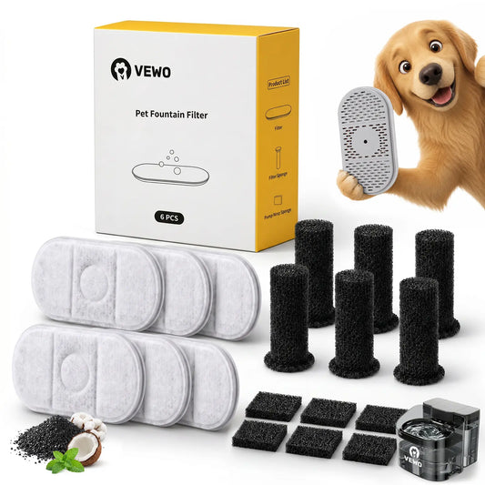 VEWO 6-Pack Replacement Filters for 11L Dog Water Fountain - Activated Carbon Filters with Filter and Pump Sponges, Compatible with VEWO Large Dog Water Fountain