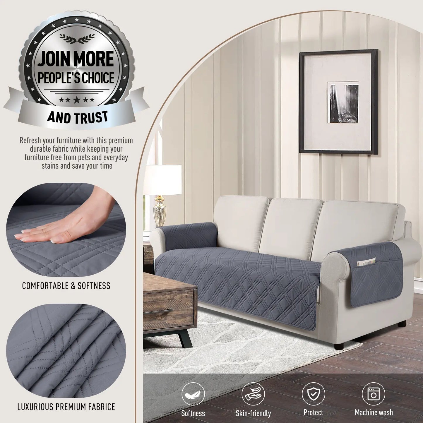 TAOCOCO Waterproof Pet Couch Cover with Non-Slip Backing, Washable Sofa Protector and Slipcover for 3-Cushion Sofas with Side Pocket