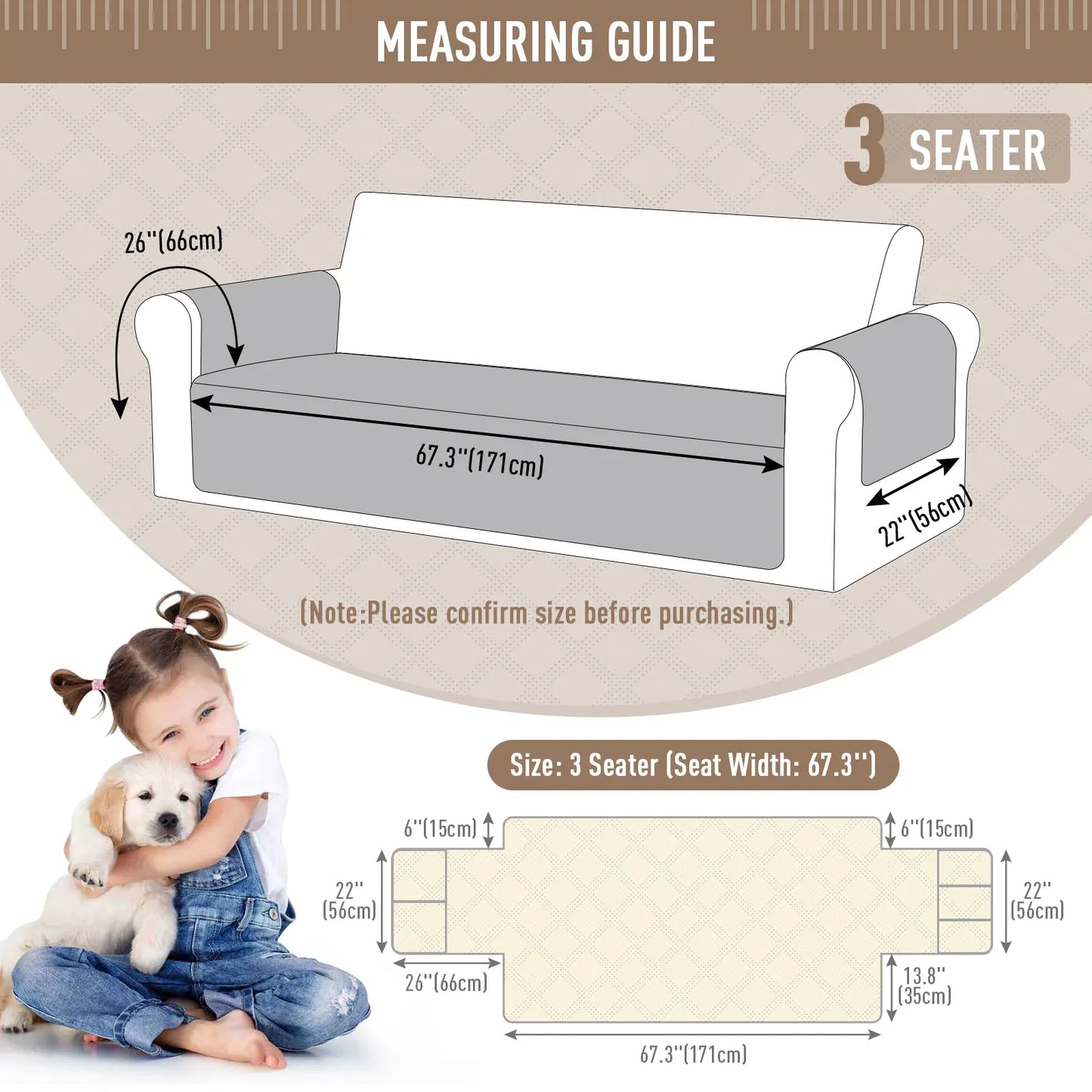 TAOCOCO Waterproof Pet Couch Cover with Non-Slip Backing, Washable Sofa Protector and Slipcover for 3-Cushion Sofas with Side Pocket