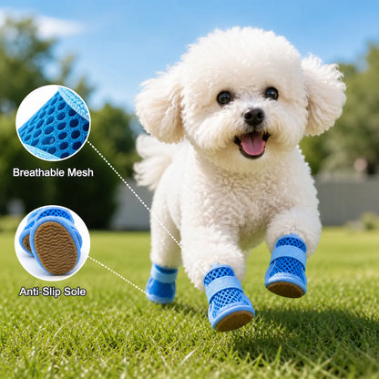 Breathable Mesh Dog Shoes - Set of 4, Anti-Slip Adjustable Strap Lightweight Paw Protectors for Summer Outdoor Activities
