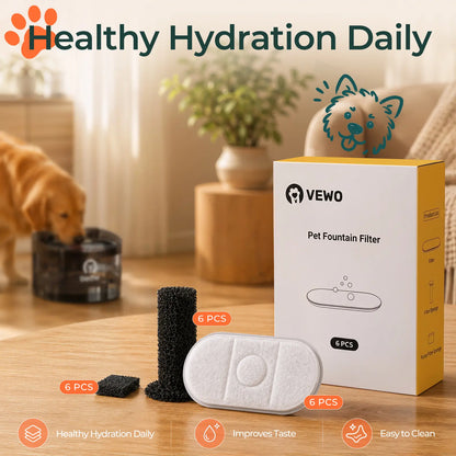 VEWO 6-Pack Replacement Filters for 11L Dog Water Fountain - Activated Carbon Filters with Filter and Pump Sponges, Compatible with VEWO Large Dog Water Fountain