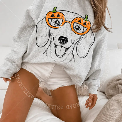 Customizable Halloween Sweatshirt Featuring 50+ Dog Breeds, Humorous Spooky Puppy Graphic Tee, Trick-or-Treat Dog Lover T-Shirt, Unisex Design in Ash Grey - AL