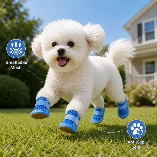 Breathable Mesh Dog Shoes - Set of 4, Anti-Slip Adjustable Strap Lightweight Paw Protectors for Summer Outdoor Activities