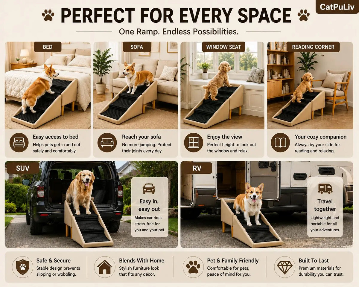 Wood and Leather Folding Dog Safety Ramp and Ottoman - Durable Non-Slip Design for Injury Prevention, Ideal for Senior and Injured Dogs, Perfect for Poodles