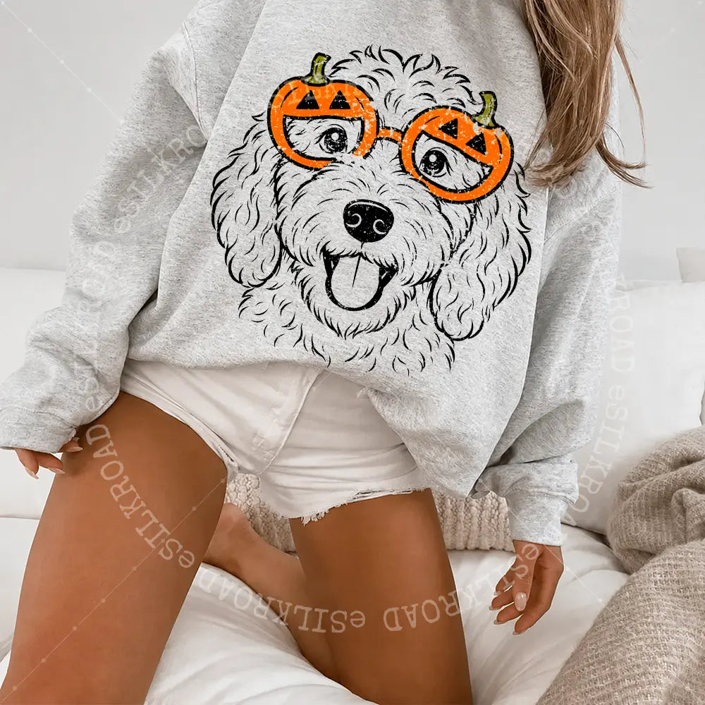 Customizable Halloween Sweatshirt Featuring 50+ Dog Breeds, Humorous Spooky Puppy Graphic Tee, Trick-or-Treat Dog Lover T-Shirt, Unisex Design in Ash Grey - AL