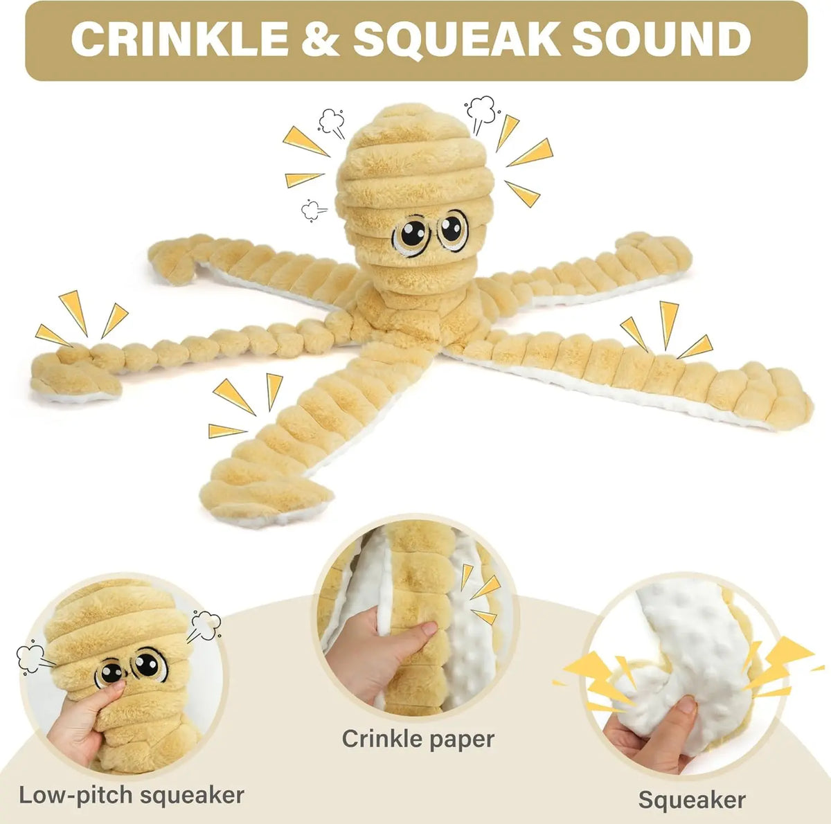 Prime Pets Extra Large Plush Octopus Dog Toy - 27” Crinkle Squeaky Chew Toy for Large Dogs, Ideal for Tug of War, Yellow